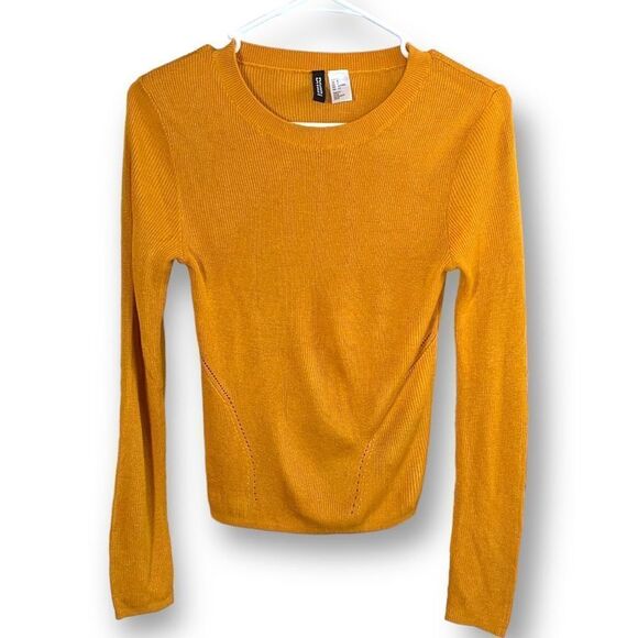 Divided By H&M Sweater Lightweight Yellow High Crewneck Long Sleeve Ribbed Knit - Picture 7 of 10